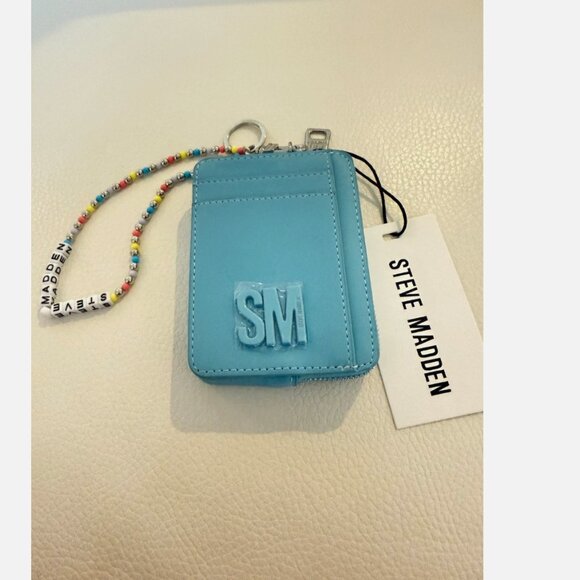 NWT STEVE MADDEN BPIPPER 2 ZA CASE WRISTLET WALLET W BEADED KEYRING BLUE - Picture 1 of 6